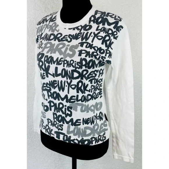 (VTG) YAN MASTER • Black/White/Silver Y2K Paris Name Print Long Sleeve Tee, S - Picture 3 of 16